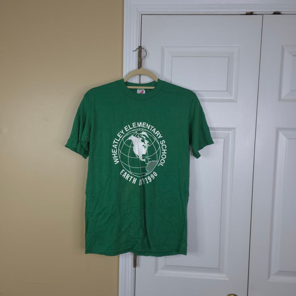 Vintage Jerzees 1990 Earth Day T Shirt Wheatley Elementary Green Single Stitch M
